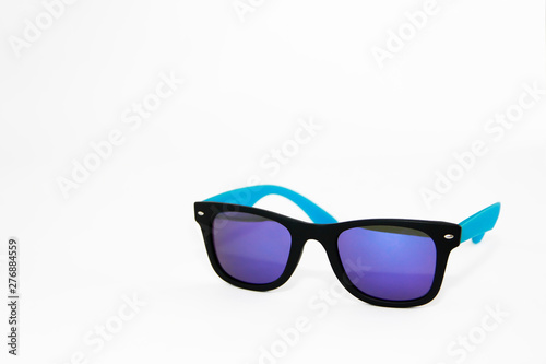 summer sunglasses in blue plastic frame and purple lenses