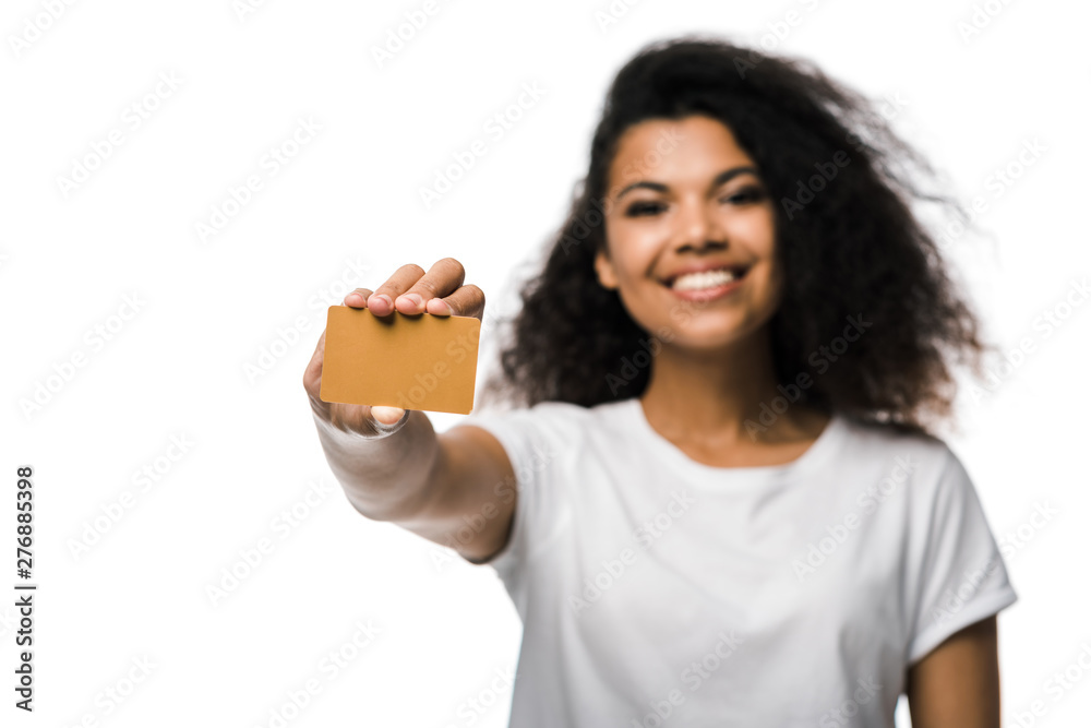 selective focus of happy african american girl holding credit card isolated on white selective focus of happy african american girl holding credit card isolated on white