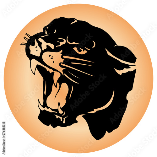 Silhouette of aggressive panther head, with open maw and fangs, in a round brown icon photo