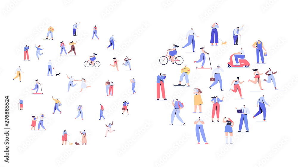 Crowd of people arranged in circle shape. Men and women kit. Different walking and running people. Outdoor. Male and female. Flat vector characters isolated on white background.	