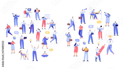 Business people arranged in circle shape. Men and women kit.  Business People vector set. Men and women. Business team. Teamwork, brainstorming. Success.  Flat vector characters