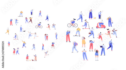 Crowd of people arranged in circle shape. Men and women kit. Different walking and running people. Outdoor. Male and female. Flat vector characters isolated on white background. 
