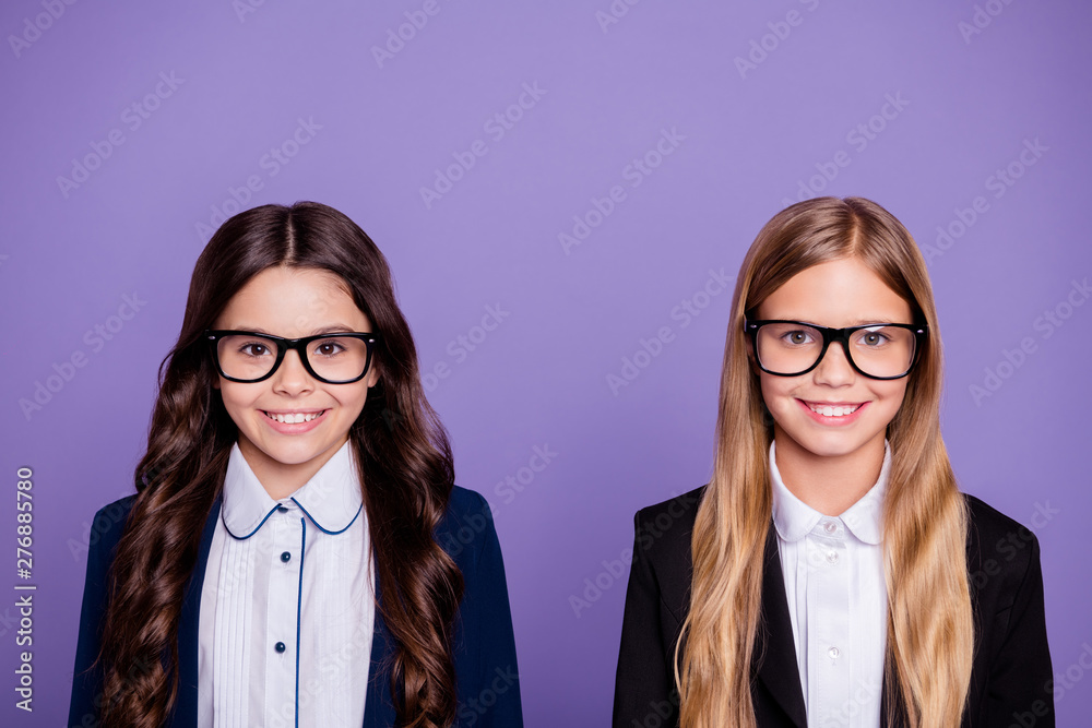Close up photo of charming kids true professors look isolated over violet purple background Close up photo of charming kids true professors look isolated over violet purple background