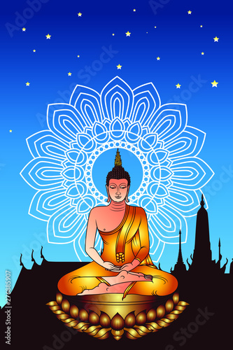 Golden Buddha Siddhartha gautama sit on lotus with dharma wheel and star background