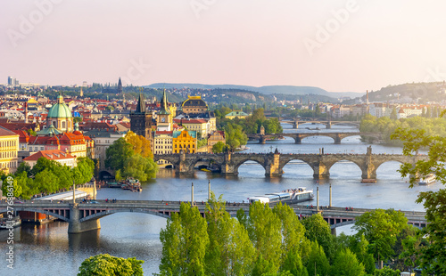 Bridges over Vltava river in Prague at sunset, Czech Republic