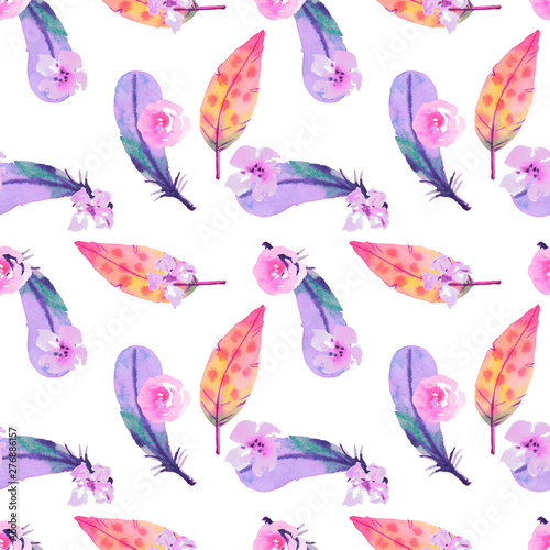 Watercolor hand painted colorful feathers and flowers illustration seamless pattern isolated on white background © Salnikova Watercolor