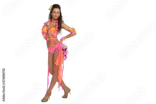 Happy, beautiful woman of Hawaii. Smile. Hula. Isolated white background. Costume party.