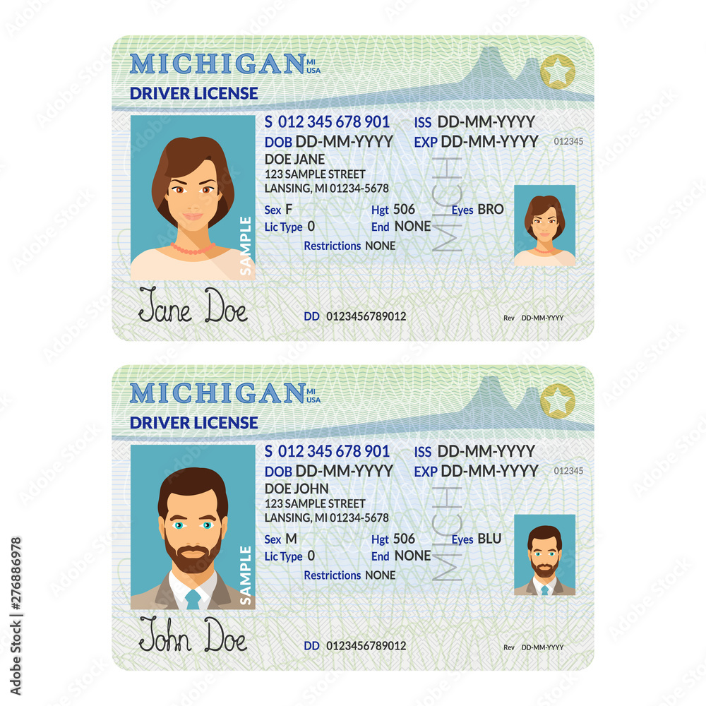 Vector Template Of Sample Driver License Plastic Card For USA Michigan 