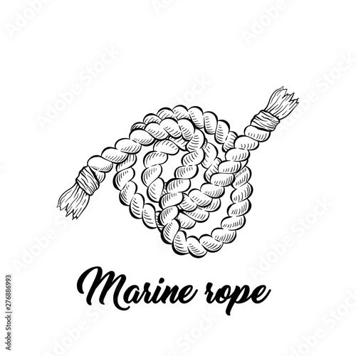 Marine rope black and white vector illustration. Sea vessel, boat, yacht equipment sketched outline. Strong twisted cord for nautical transport monochrome engraving. Coloring book illustration