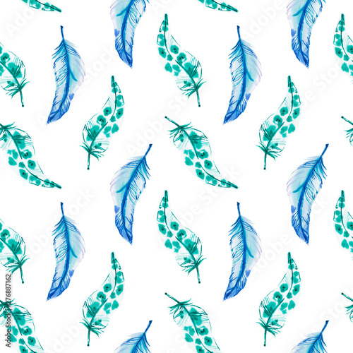 Watercolor hand painted colorful blue and green feathers illustration seamless pattern isolated on white background