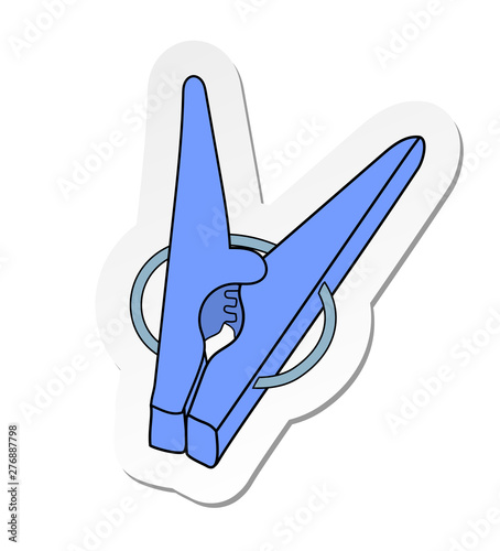 Vector illustration, sticker of blue clothes peg in flat cartoon style isolated on white background