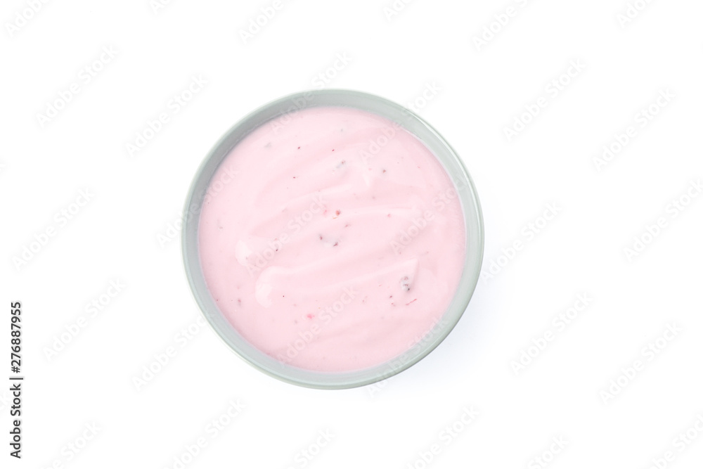 Bowl with fruit yogurt isolated on white background