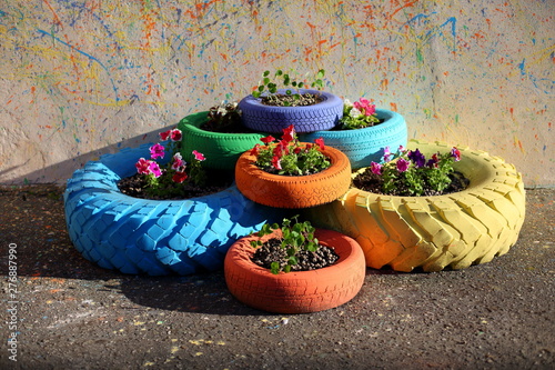flowerbed of car tires