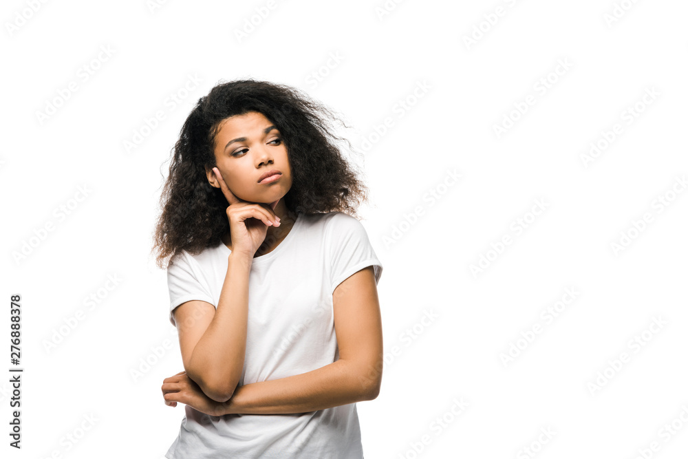 upset african american girl in white t-shirt isolated on white upset african american girl in white t-shirt isolated on white