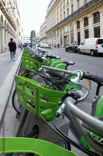 Row of rental bikes in Paris, France photo