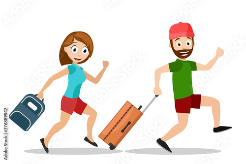Man and a woman run with suitcases on vacation, on a white background.