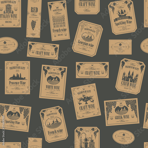 Vector seamless pattern on the theme of wine with various wine labels with images of grapes, landscapes, winery, castles, sailboats, fruits and other in retro style on the dark gray background