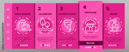 Hurricane Natural Disaster Vector Onboarding Mobile App Page Screen. Hurricane, Wind And Tornado Outline Symbols Pack. Mountain Avalanche, Flood And Lightning Isolated Contour Illustrations.