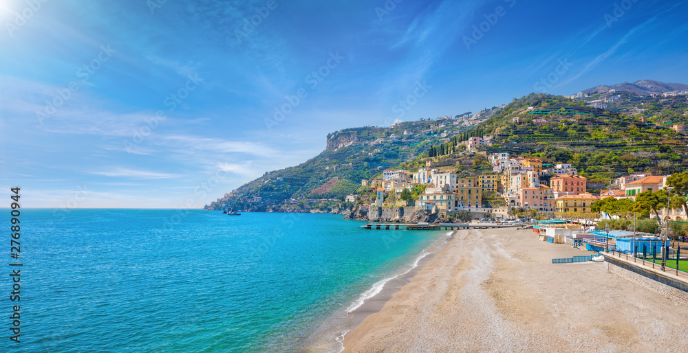 Blue sea and beach in Minori, Amalfi Coast, Campania, Italy.