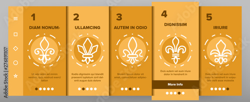 Fleur De Lys, Royalty Linear Vector Onboarding Mobile App Page Screen. Fleur, French Lily Thin Line Contour Symbols Pack. Ornate Exterior. Traditional Floral Insignia Illustrations