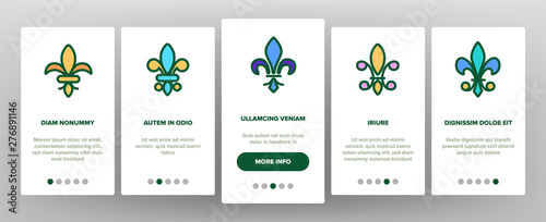 Fleur De Lys, Royalty Linear Vector Onboarding Mobile App Page Screen. Fleur, French Lily Thin Line Contour Symbols Pack. Ornate Exterior. Traditional Floral Insignia Illustrations