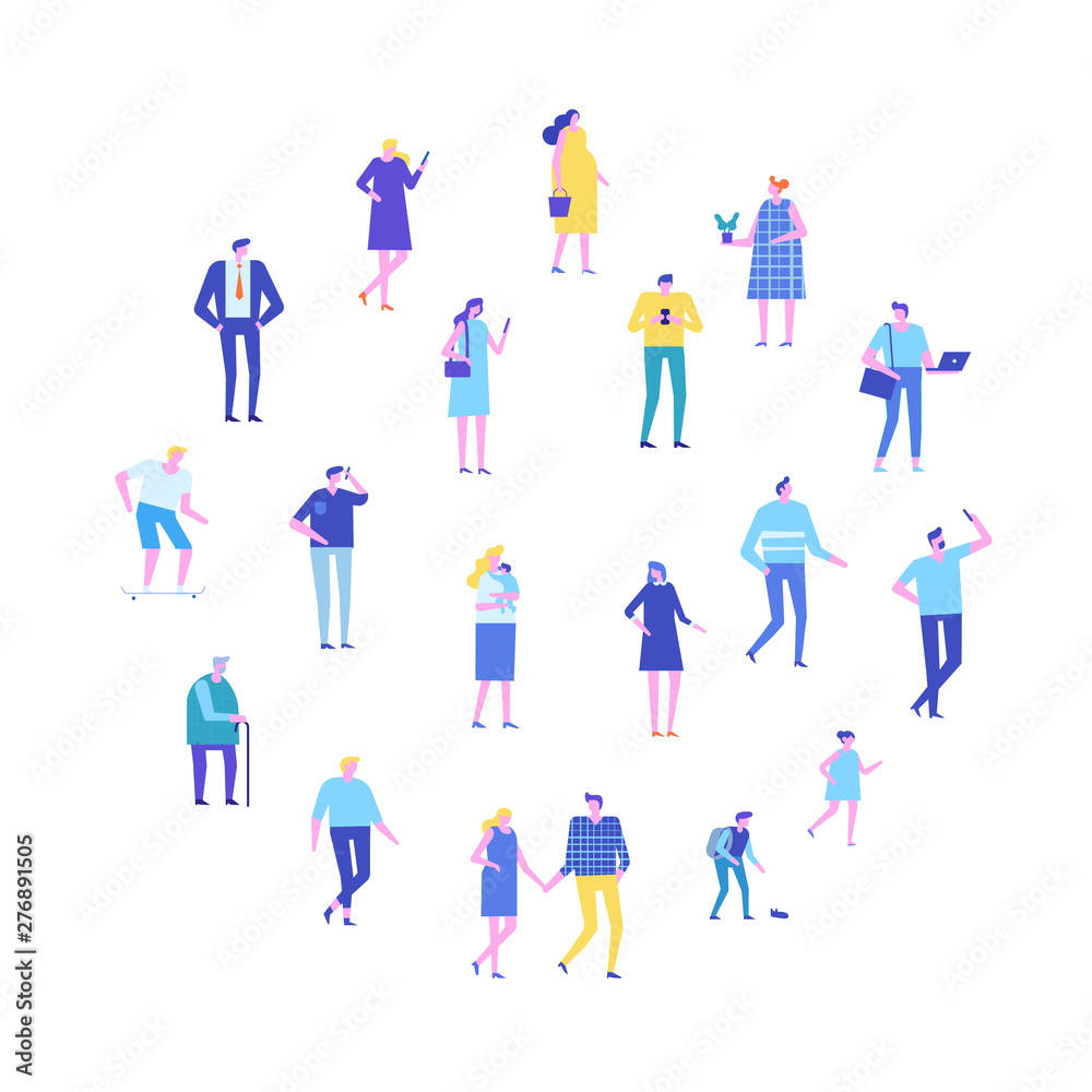 Crowd of people arranged in circle shape. Men and women kit. Different walking and running people. Outdoor. Male and female. Flat vector characters isolated on white background.	