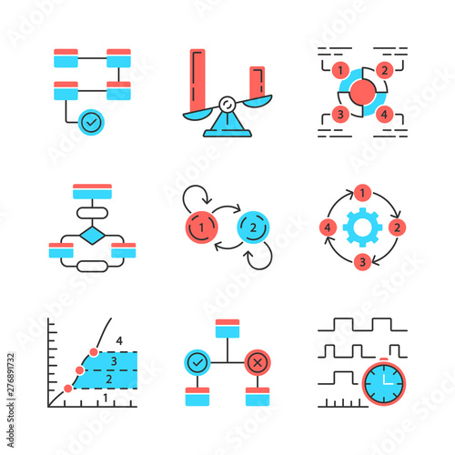 Diagram concepts color icons set. Statistics data and process flow visualization. Information symbolic representation. Comparisons among discrete categories. Isolated vector illustrations
