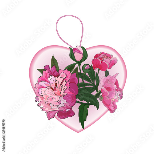 Pink heart, pendant with pink flowers of peonies. Vector.