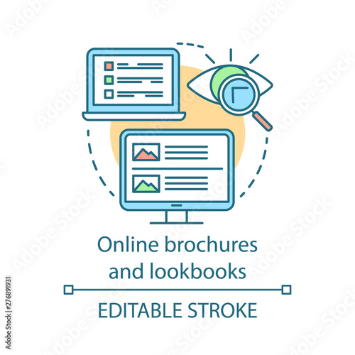 Online brochures and lookbooks concept icon. Content marketing channels idea thin line illustration. Information file, photographs collection. Vector isolated outline drawing. Editable stroke
