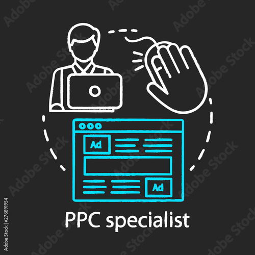 PPC specialist chalk concept icon. Digital marketing specialty idea. Paid search analyst,marketer. Pay per click management. Ad performance analysis. Vector isolated chalkboard illustration