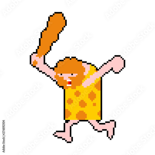 Caveman pixel art isolated. Prehistoric man hunter 8 bit. Ancient man is hunting 