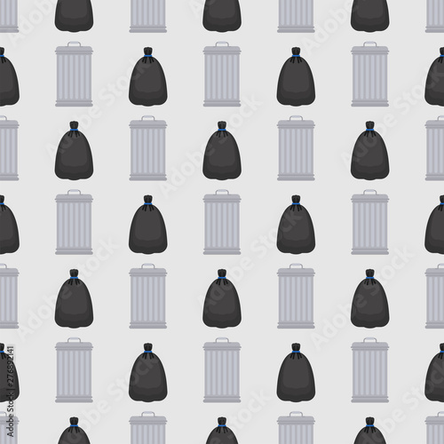Trashcan and garbage bag pattern seamless. Trash can and black sack background. Rubbish ormanent. Vector texture