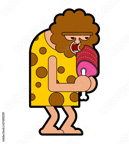 Caveman eating meat. Prehistoric man and meat on bone. Ancient man