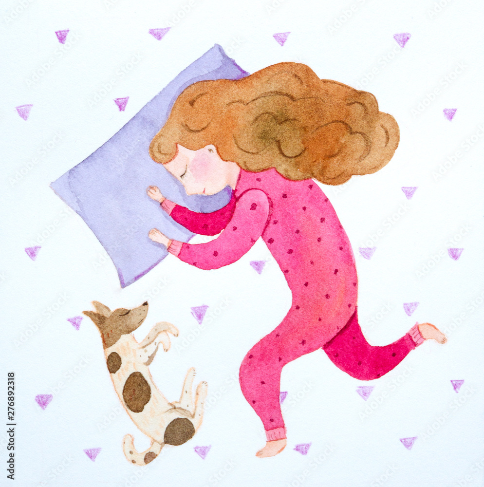 Naklejka premium Girl sleeping on a pillow with a dog watercolor
