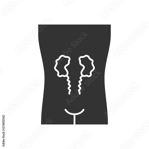 Ill kidneys glyph icon. Sore human organ. Unhealthy urinary system. Nephropathy. Sick internal body part. Kidney failure. Silhouette symbol. Negative space. Vector isolated illustration
