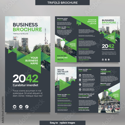Business Brochure Template in Tri Fold Layout. Corporate Design Leaflet with replacable image.