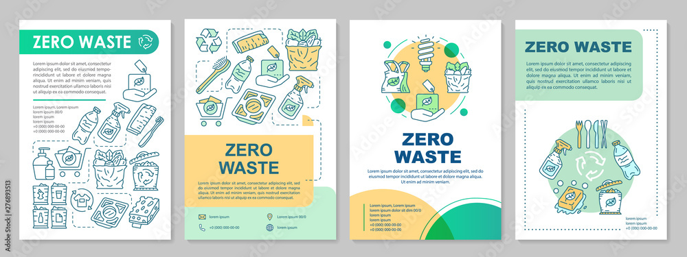 Zero waste lifestyle brochure template layout. Eco-friendly flyer, booklet, leaflet print design with linear illustrations. Vector page layouts for magazines, annual reports, advertising posters - obrazy, fototapety, plakaty 