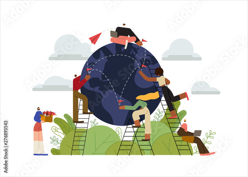 Global international business - little people putting lags in the globe - metaphorical illustration - diverse team of young people working together in one corporation