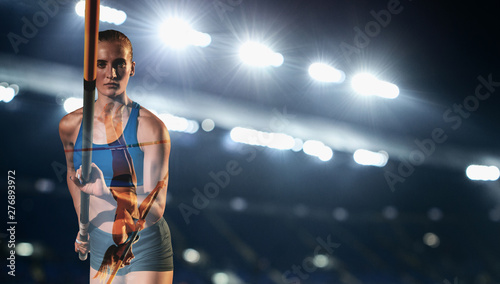 Professional female pole vaulter training at the stadium. Double exposure, creative collage. Fit female model practicing in jumps outdoors. Sport, activity, healthy lifestyle, action, movement, motion