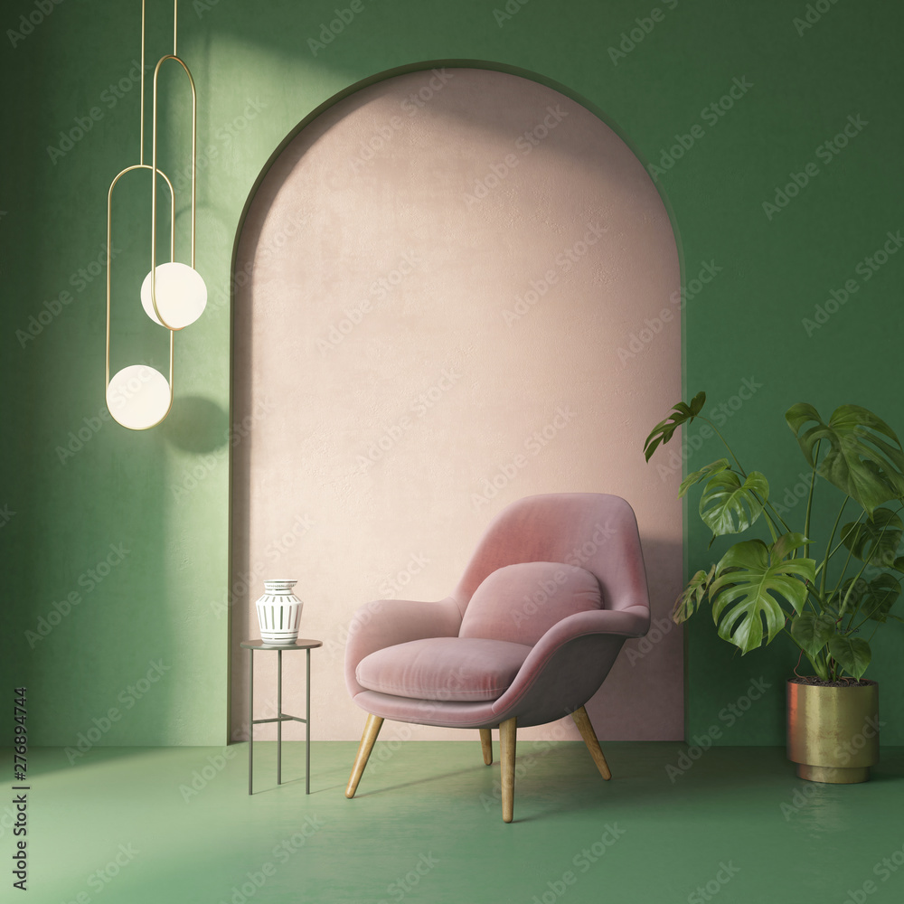 Light green and pink interior with a dusky pink armchair Stock-illustration  | Adobe Stock