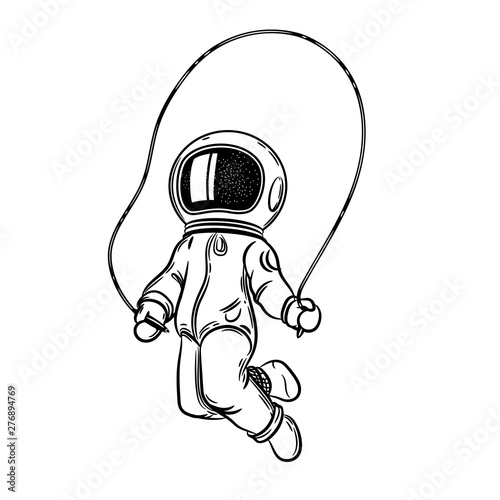 Astronaut jumps with a skipping rope. Illustration on the theme of astronomy.