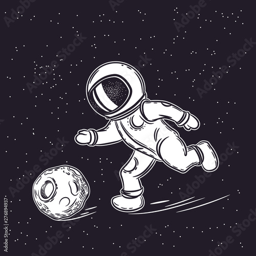 Astronaut plays football. Space vector illustration. Outer space