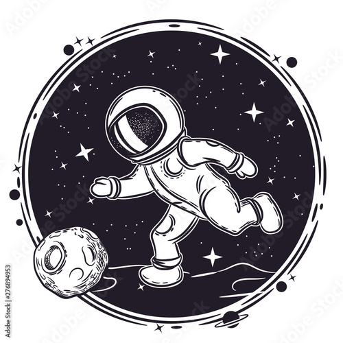 Astronaut plays football. Vector illustration on the theme of astronomy. Outer space