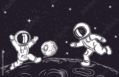 Astronauts playing football. Vector illustration on the theme of astronomy. Outer space