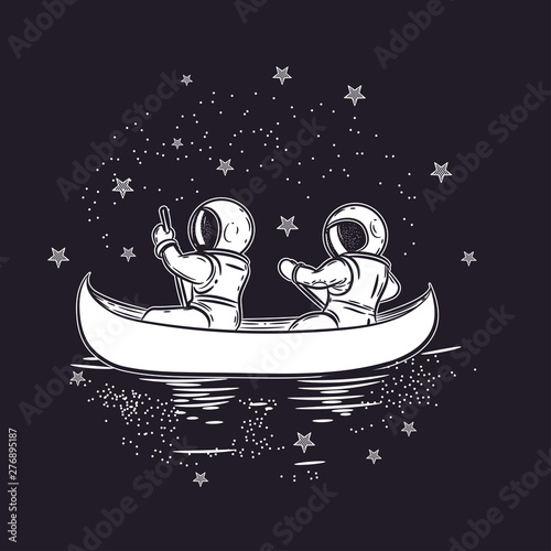 Two astronauts in the boat. Vector illustration on a theme of astronomy.