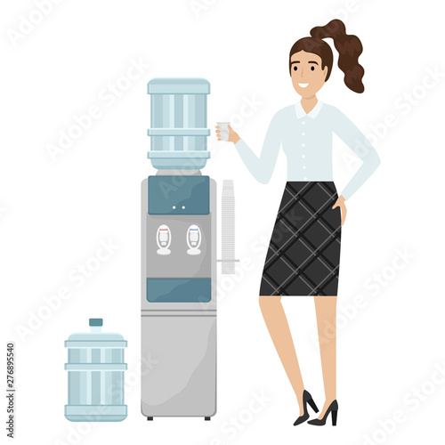 Water cooler with plastic cups. Clean water in the office. Girl office worker with a glass of water.