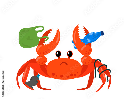 Sea crab entangled in plastic on the background of landfills and garbage bags on the beach. coastal polluted human waste. Take care of nature. flat vector illustration
