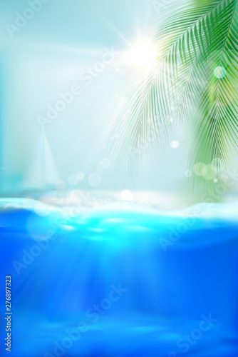 Tropical beach with palm tree and a sailboat. Underwater view. Vector Illustration. 