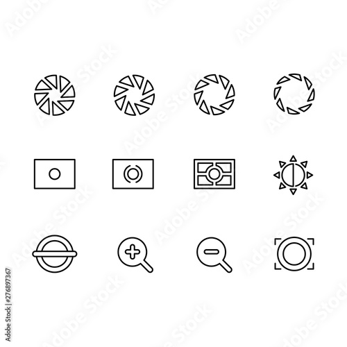 Photography and photo camera, video shooting icon simple symbols set. Photo camera settings, aperture diaphragm, approach, distance and other options.