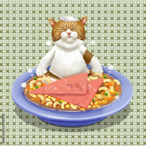 A illustration of Hong Kong style food Macaroni with cat